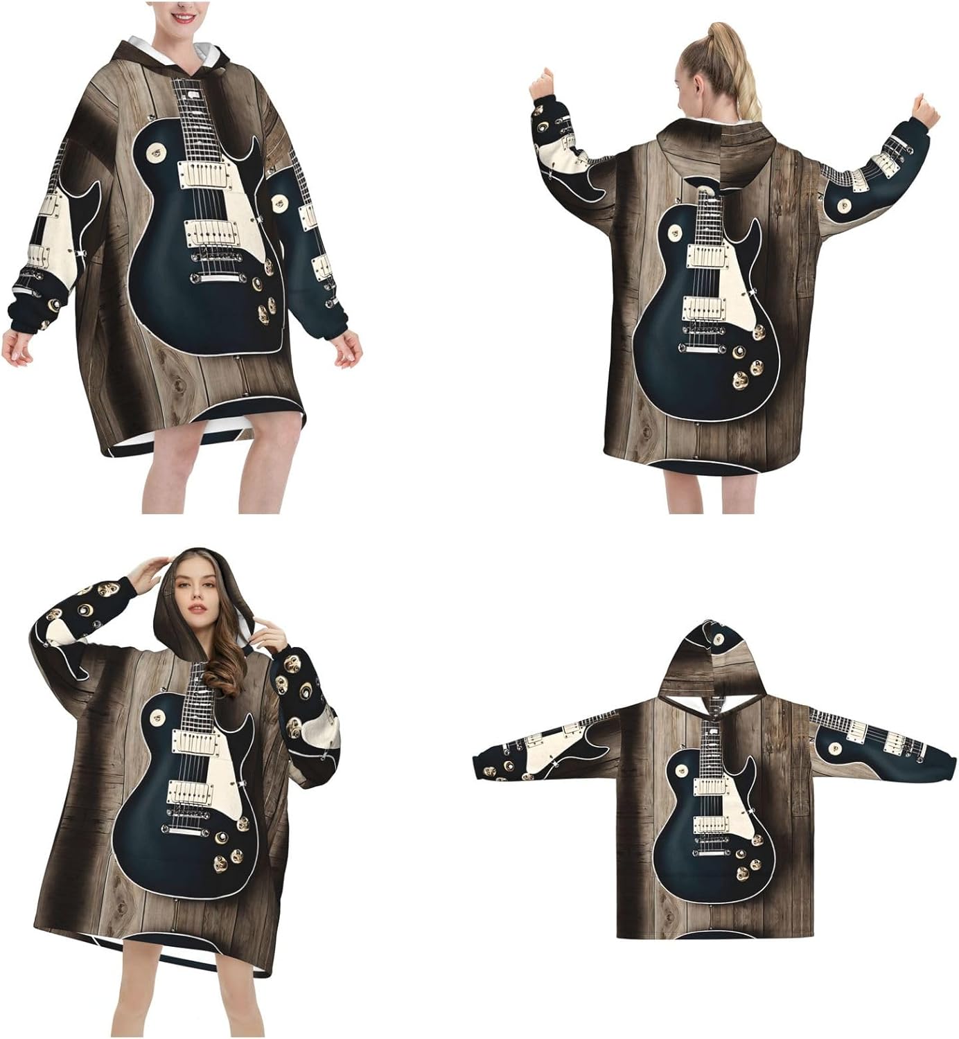 Musical Guitar Print Blanket Hoodie Fleece Sweatshirt Blanket With Sleeves And Pockets