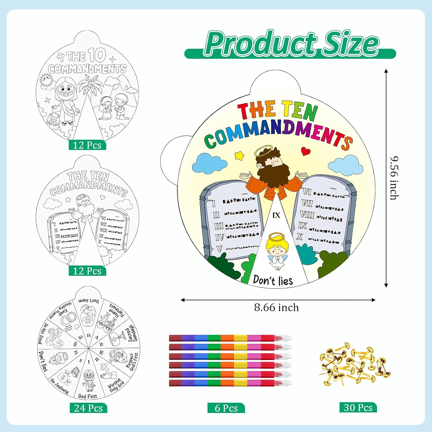 Cinrobiye 24 Sets Ten Commandments Craft Wheel Activity Kit, Bible Coloring Rotation Cards for Sunday School, VBS, Church Events, Faith-Based Learning and Religious Activities
