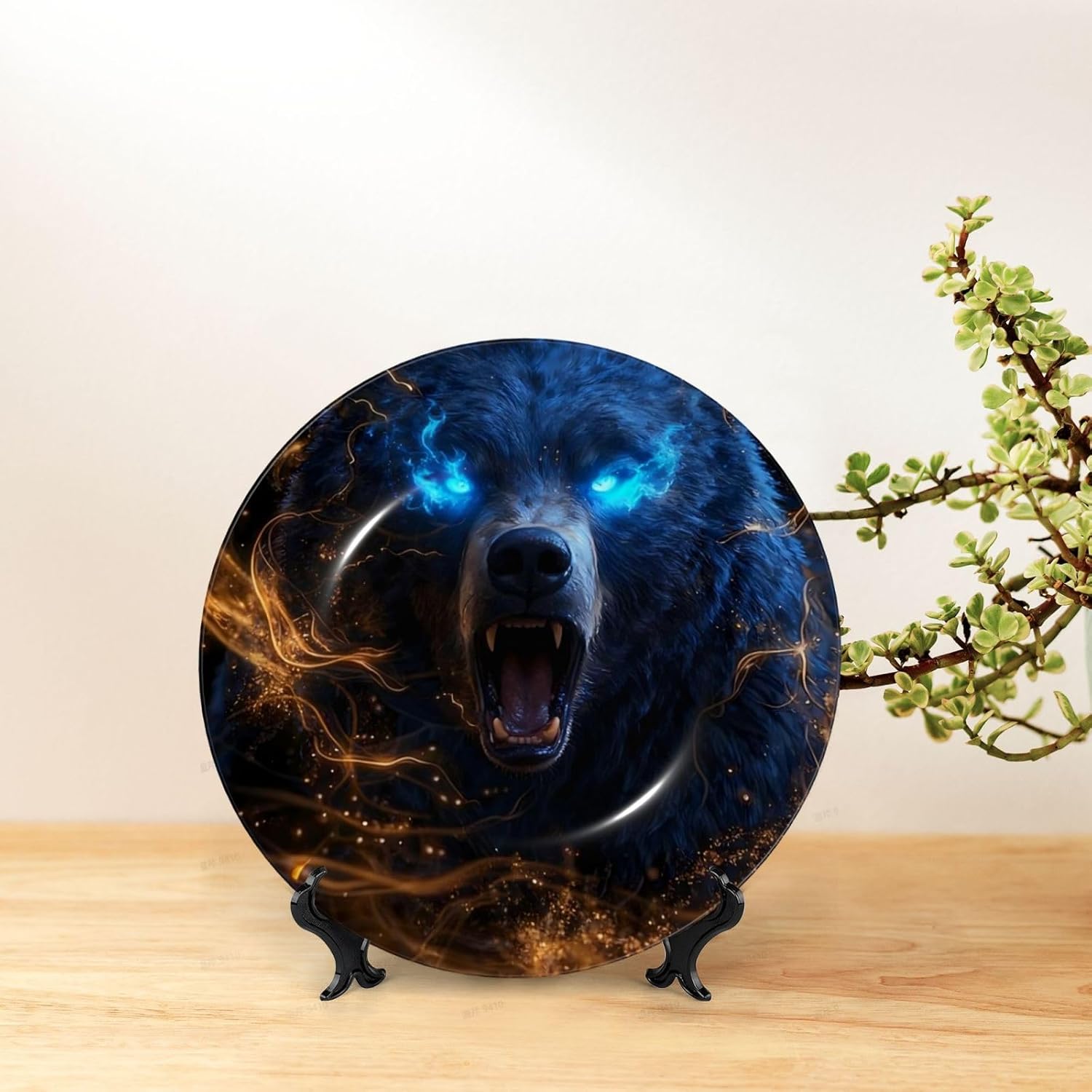 Blue Light Bear Style Ceramic Plate Display Decorative Plate With Stand Wall Hanging Plate For Home Decor 10 Inch