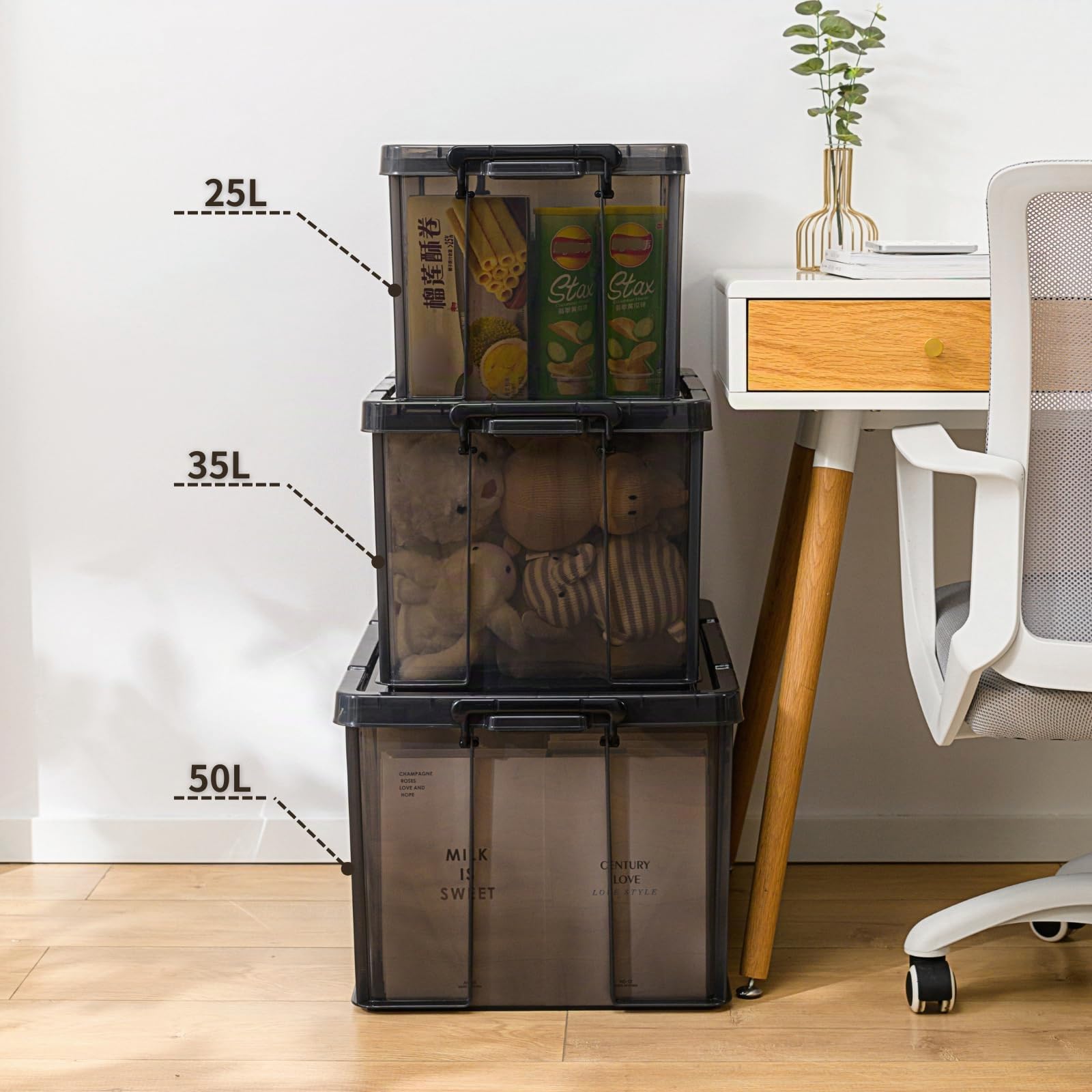 Cetomo 50L*3 Heavy-Duty Aufbewahrungsboxen, Stapelbare Kunststoffbox mit Deckeln, Robuster Behälter mit verstärkten Ecken & Einrastverschlüssen, Langlebig, Stabil, Transparent Schwarz, 50L-3er Set