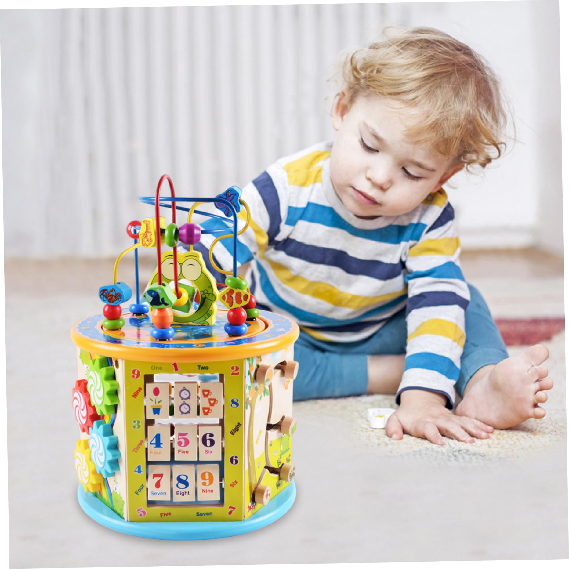 Holz-Baby-Aktivitätswürfel, Montessori-Spielzeug mit Perlenlabyrinth-Formsortierer, Abakus für Kleinkinder