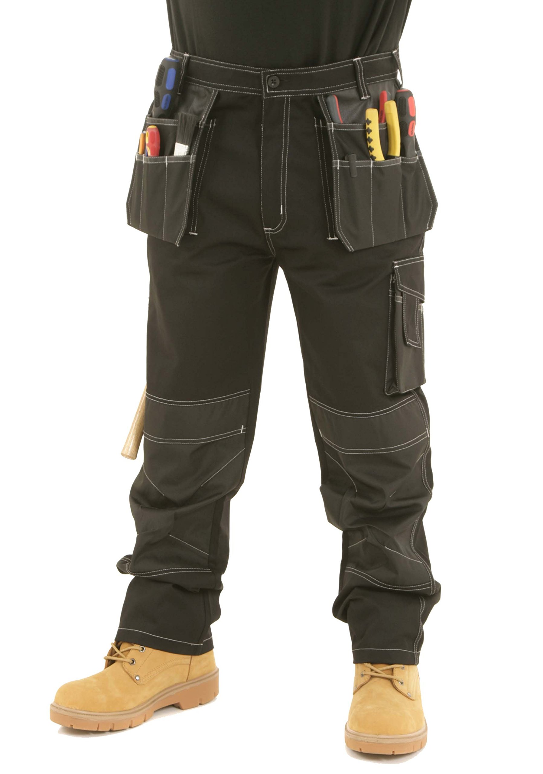 SITE KING Mens Heavy Duty Cargo Holster Pocket Work Trousers Contrast Stitching with Knee Pad Pockets (38 Waist / 33" Long Leg, Black)