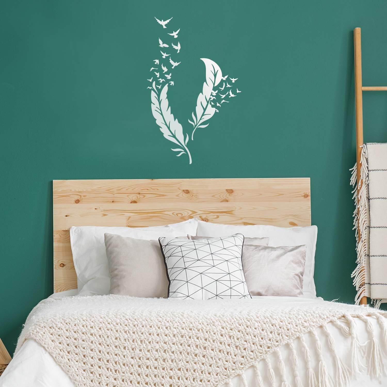 Set of 2 Vinyl Wall Art Decal - Feathers with Flying Birds - 26.44 x 17 - Modern Symbolic Trendy Urban Home Living Room Bedroom Apartment Decor - Cool Office Work Stickers (White)