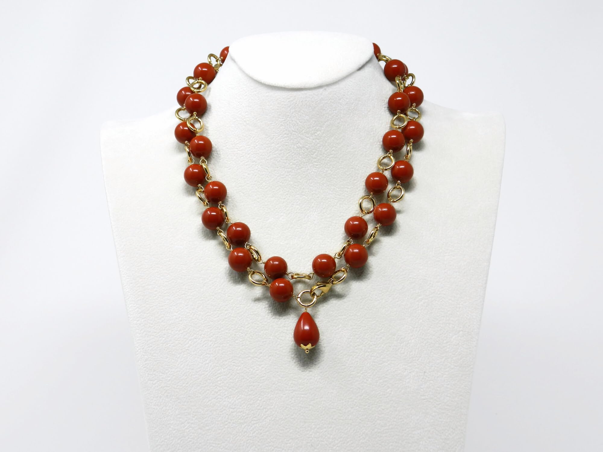 DodiGioielli Collana Lunga Donna con Pasta di Corallo Rosso Sardegna e Anellini Dorati, Goccia Pendente, 92 cm, Made in Italy