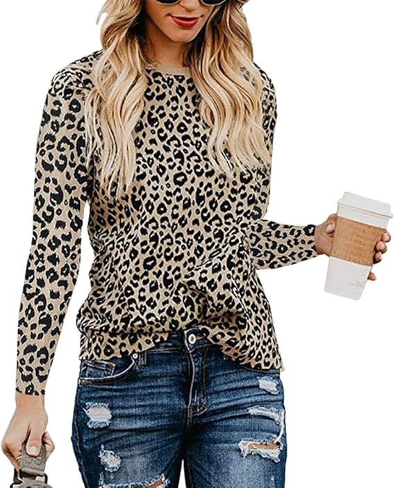 Guiran Tops À Manches Longues pour Femmes, Col Rond, Imprimé Léopard, T