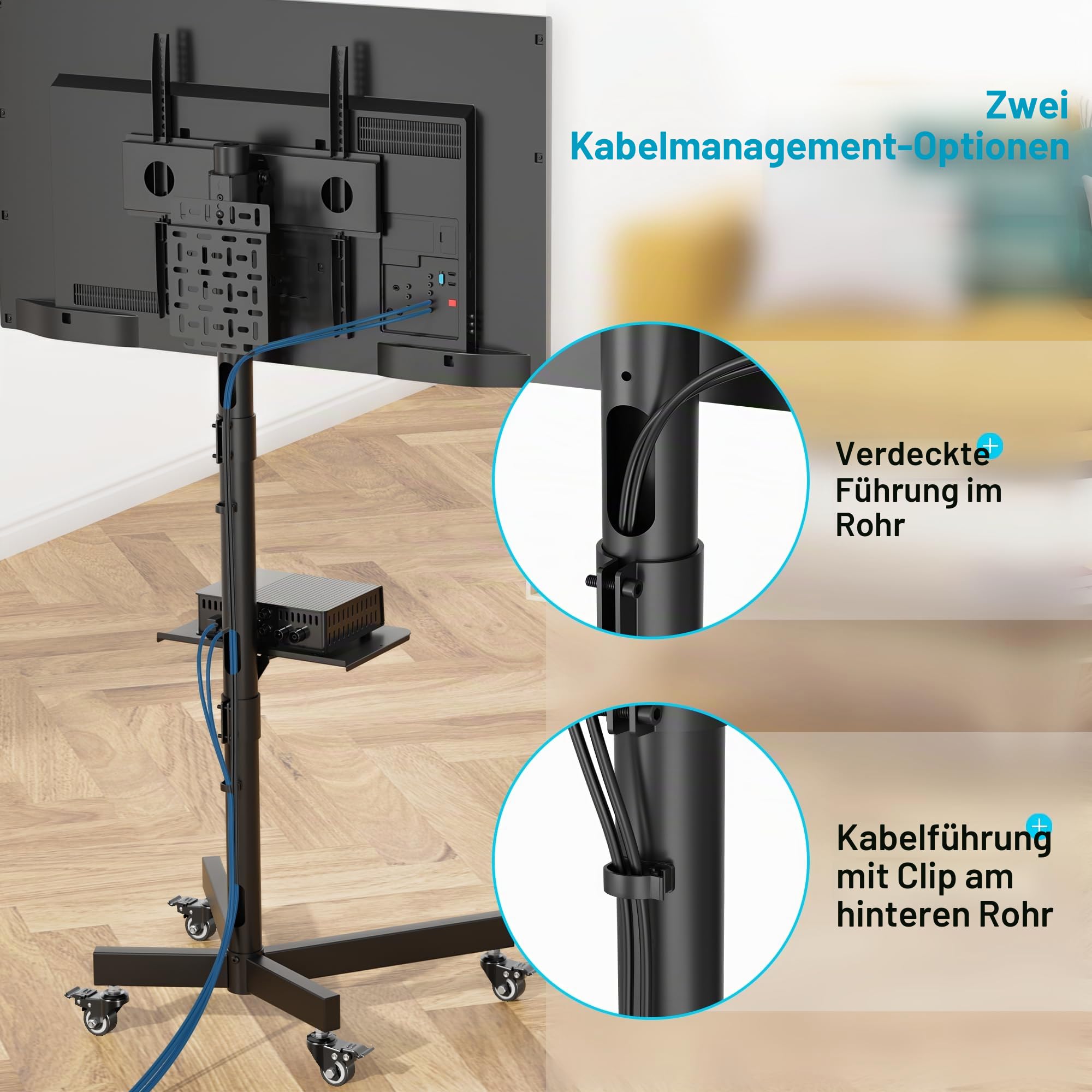 BONTEC TV Ständer Rollbar für 23-60 Zoll LED LCD OLED, Max. VESA 400x400mm, bis 40 kg, Höhenverstellbarer Fernsehständer mit Rollen und Lochplatte, Medienablage, Kabelmanagement, Schwarz