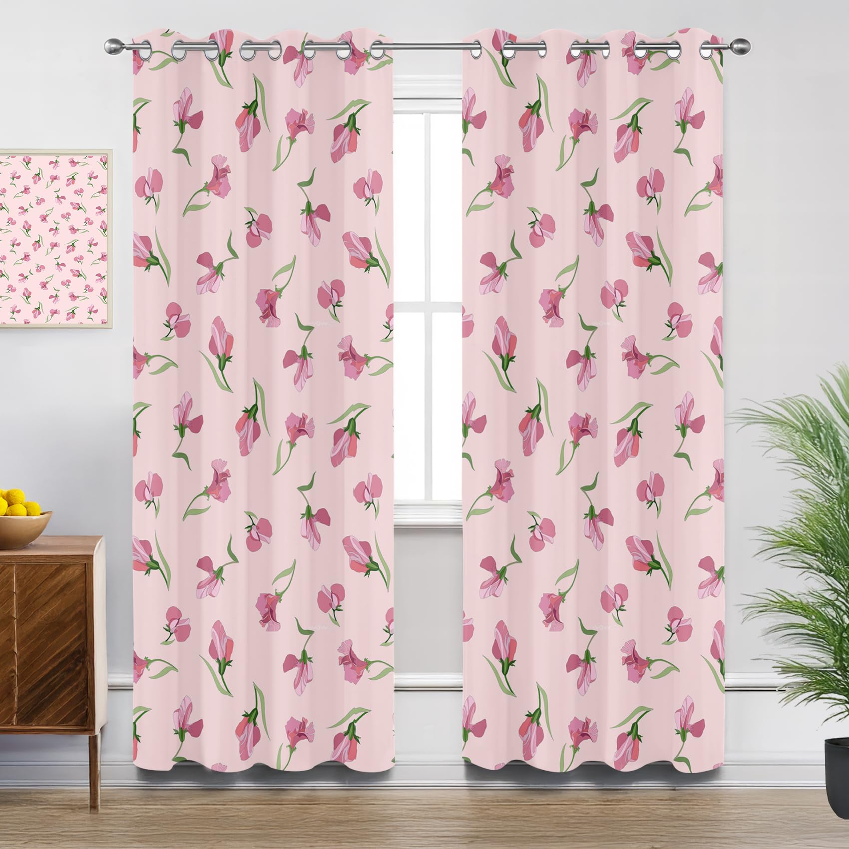 Pink Floral Curtains for Living Room, Wildflower Flowers Girls Girly Blackout Curtains 90x90, Thermal Insulated Extra Wide Bedroom Curtain Eyelet, 2 Panels Drapes Home Decor