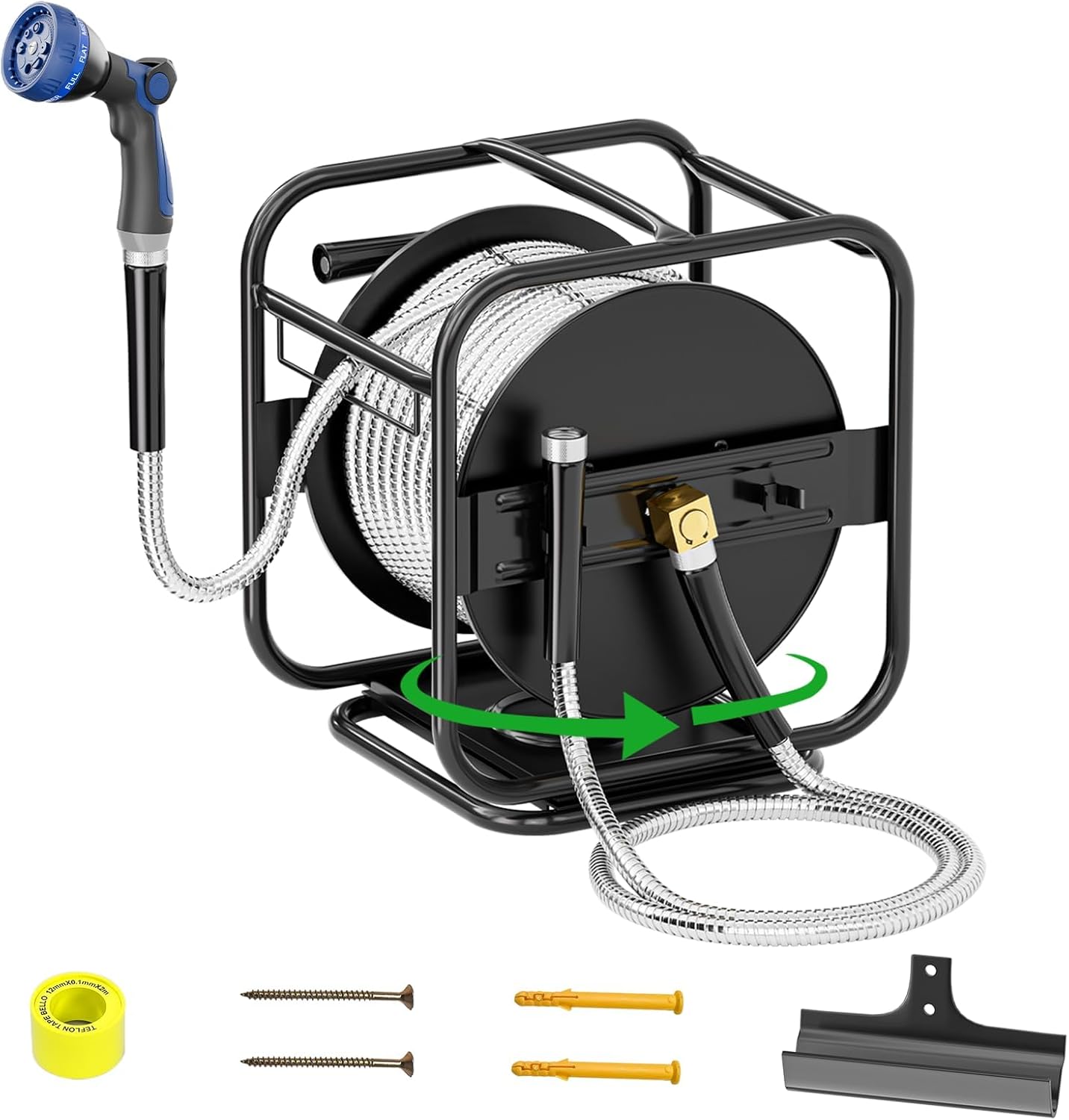 SPECILITE Upgraded Metal Garden Hose Reel With 100 Ft 304 Stainless Steel Water Pipe, Heavy Duty Anti-UV Wall Mount/Freestanding Spool with Nozzle, 3/4'' Brass Fittings, 360° Rotation Frame for Yard