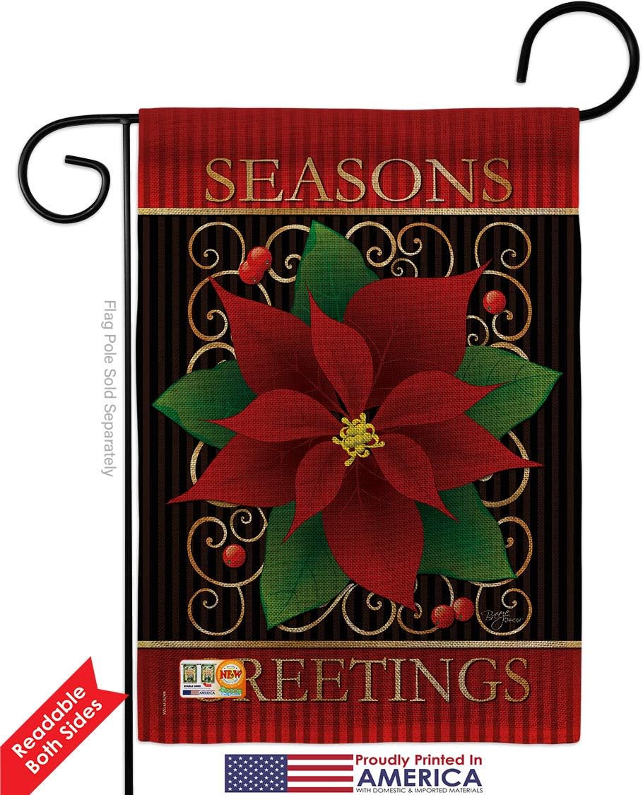 Seasons Greetings Poinsettia Garden Flag Set with Stand Winter Santa Marry Xmas Present Reindeer Season Wintertime Snow Small Decorative Gift Yard House Banner Double-Sided Made In USA 13 X 18.5