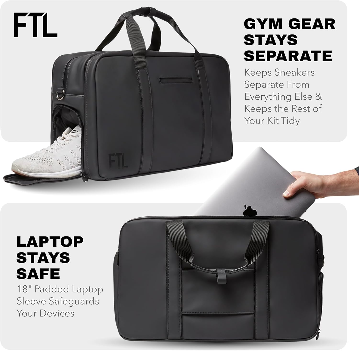 The FTL Pro Mens Travel Bag - 30L Premium Work to Gym Weekender Duffel with Garment Bag, Shoe Space & 18" Laptop Sleeve - Organized Athletic Business Carry On Hybrid, Fits Under Airplane Seat - Black