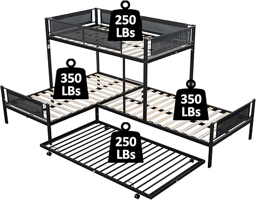 Miniatura 8 de Livavege Litera triple de metal individual sobre cama individual con cabecera y estribo de decoración de madera y 2 escaleras, literas triples