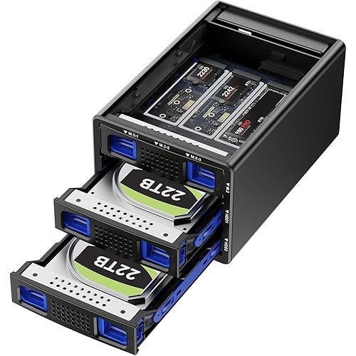 Hybrid 2*2.5/3.5" SATA HDD/SSD+3* M / B+M Key M.2 NVMe Enclosure with Cooling Fan and USB A/C 3.2 Gen 2, Hard Drive Enclosure Support 68TB(2*22TB HDD+3*8TB 2230/2242/2260/2280/22110 SSDs)