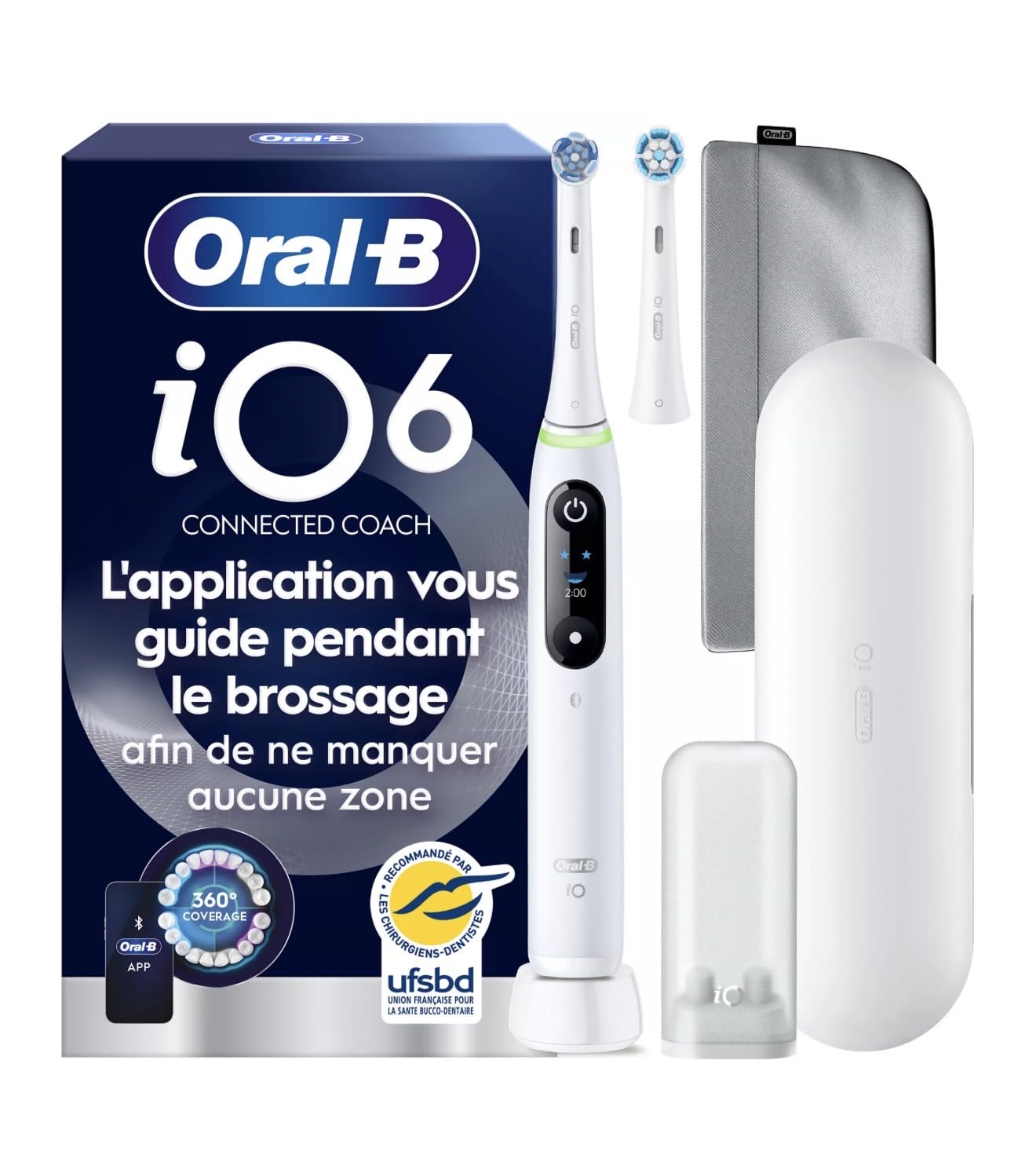 Oral-B iO Series 6 Brosse à dents électrique, 2 brossettes, 1 étui de voyage, 1 sac de rangement magnétique, 1 mini étui de brosses, conçu par Marron, blanc