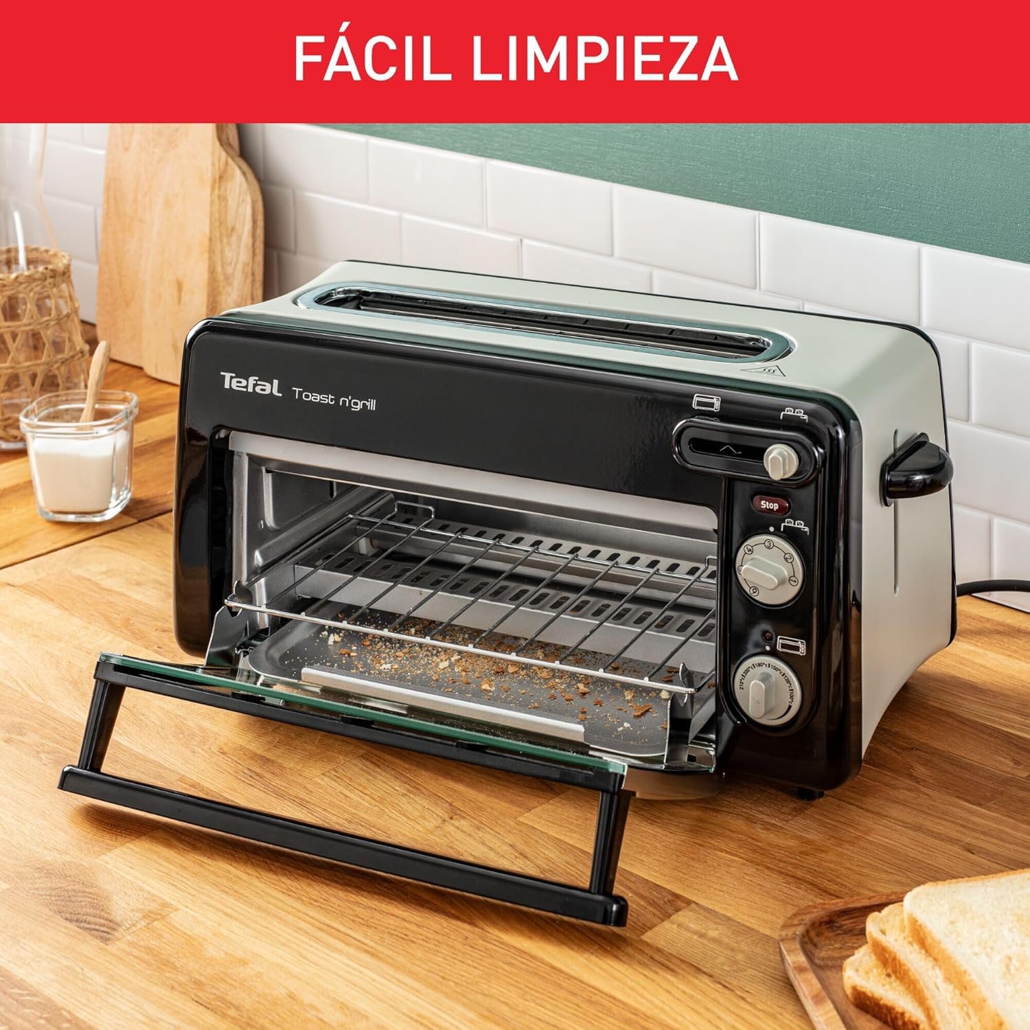 Tefal Tostadora y minihorno 2 en 1 de acero inoxidable negro, Ranura larga, con tapa, Calentamiento de cuarzo, 6 niveles, Temperatura del grill hasta 210°C, Bandeja recogemigas extraíble, TL6008