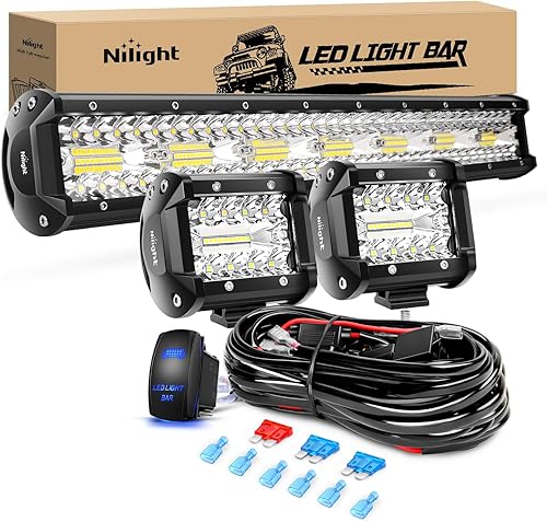 Nilight Combo de inundación puntual de triple fila de 20 pulgadas, 420 W, 2 unidades de 4 pulgadas y 60 W, luces LED de inundación, luces antiniebla