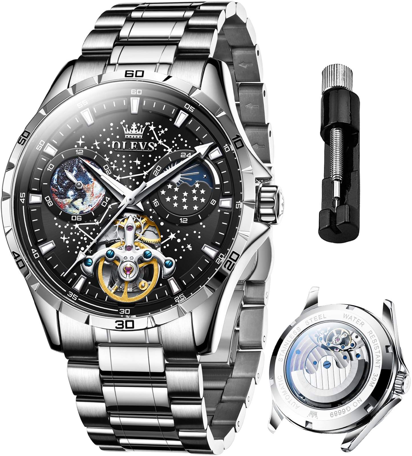 OLEVSMens Leather Watches Automatic Mechanical Skeleton Tourbillon Diamond Luxury Self Winding Dress Wrist Watches Moon Phase Waterproof Luminous