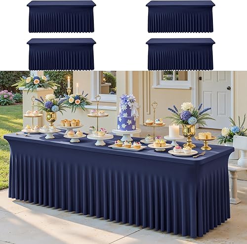 Vista 96 de Paquete de 2 manteles de elastano negro para mesas rectangulares de 6 pies, sin arrugas, elásticos, ajustables, falda de mesa elegante de 6 pies