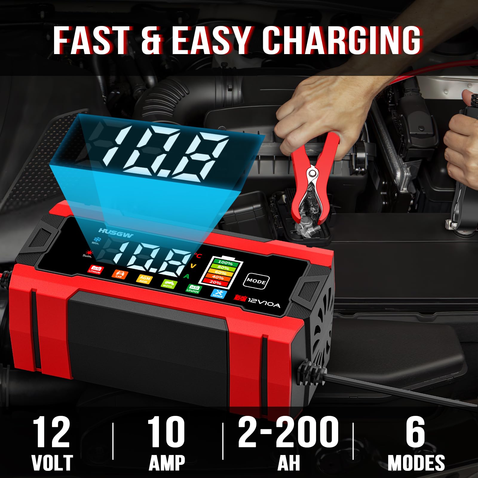 12V 10A Cargador de Batería de Coche, LiFePO4 Cargador de Batería de Moto, Proceso de Carga de Tres Etapas, Protección de Seguridad Múltiple, para Auto, Moto, AGM, Gel, Wet, SLA, LiFePO4 (10 Rojo)
