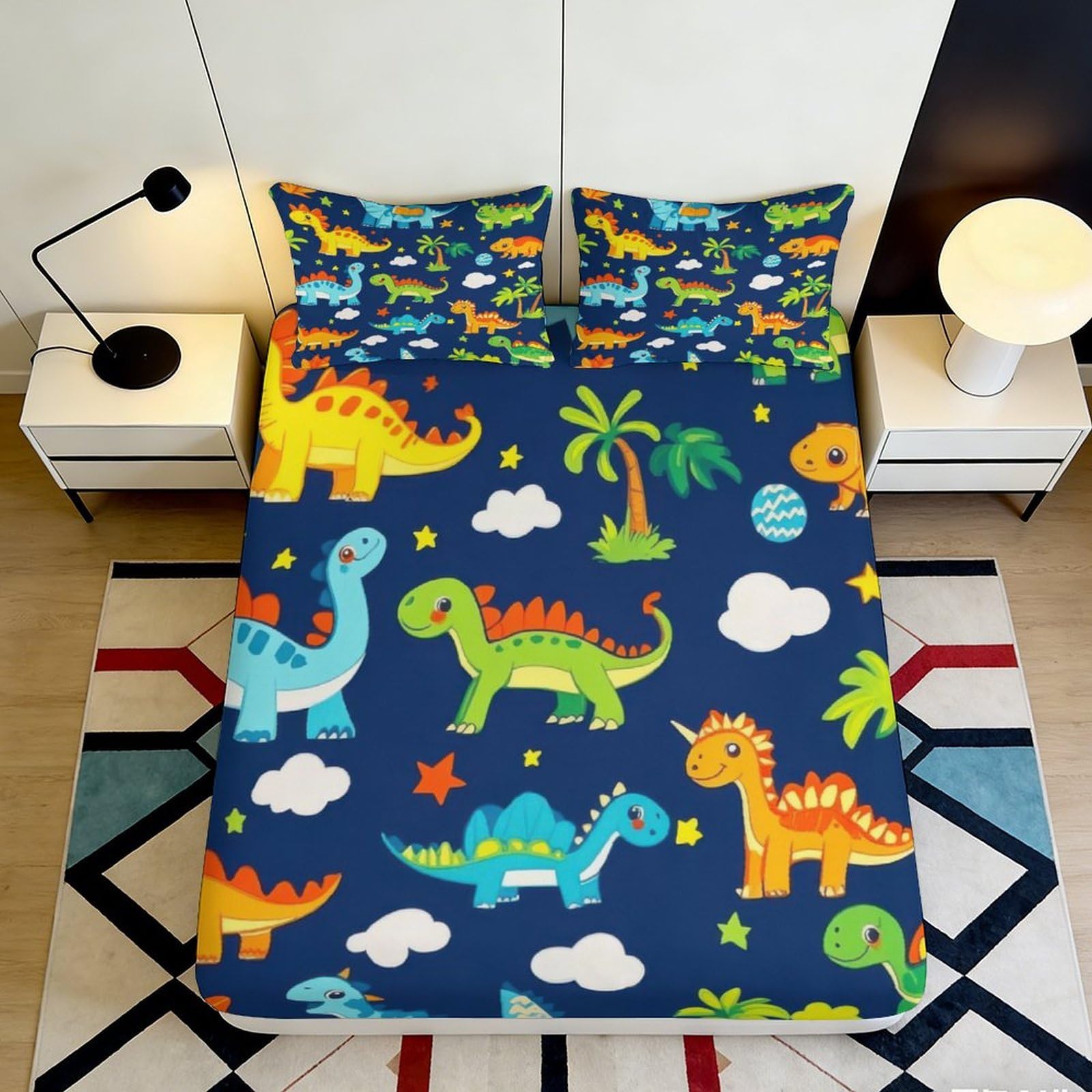 3D Printed Cartoon Dinosaur Fitted Sheet Microfiber Soft Anti-Slip Mattress Cover for Bedroom Kids Youth Decor Blue 140x200x25cm