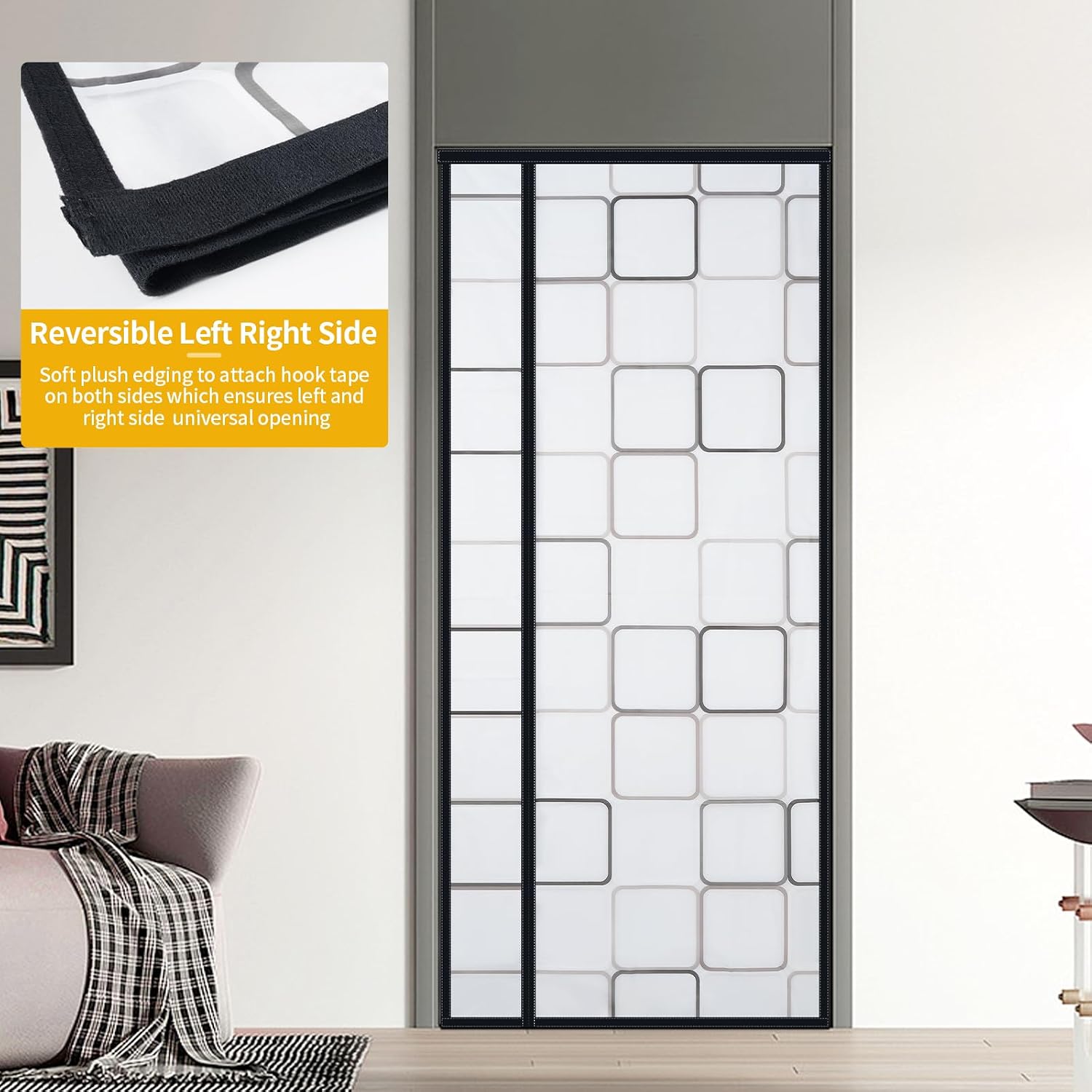 Reversible Left or Right Side Opening Insulated Door Curtain, Keep Cold Out Thermal Magnetic Door Screen Cover Auto Closer for Kitchen, Bedroom, Air Conditioner Room, Fits Doors up to 36" x 82", Grey
