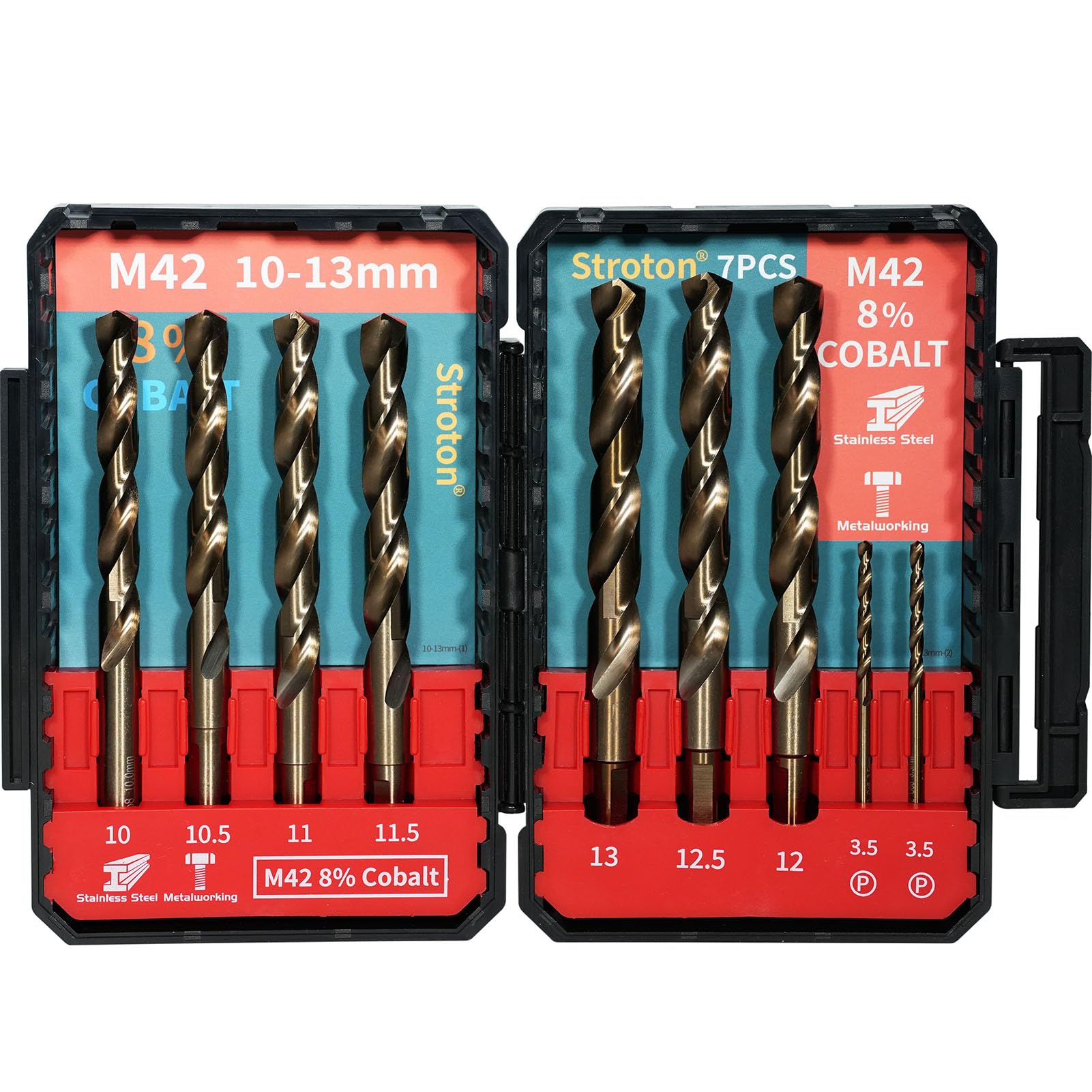 Juego de brocas métricas M42 8% cobalto para acero inoxidable y acero endurecido (10-13 mm/7 piezas)
