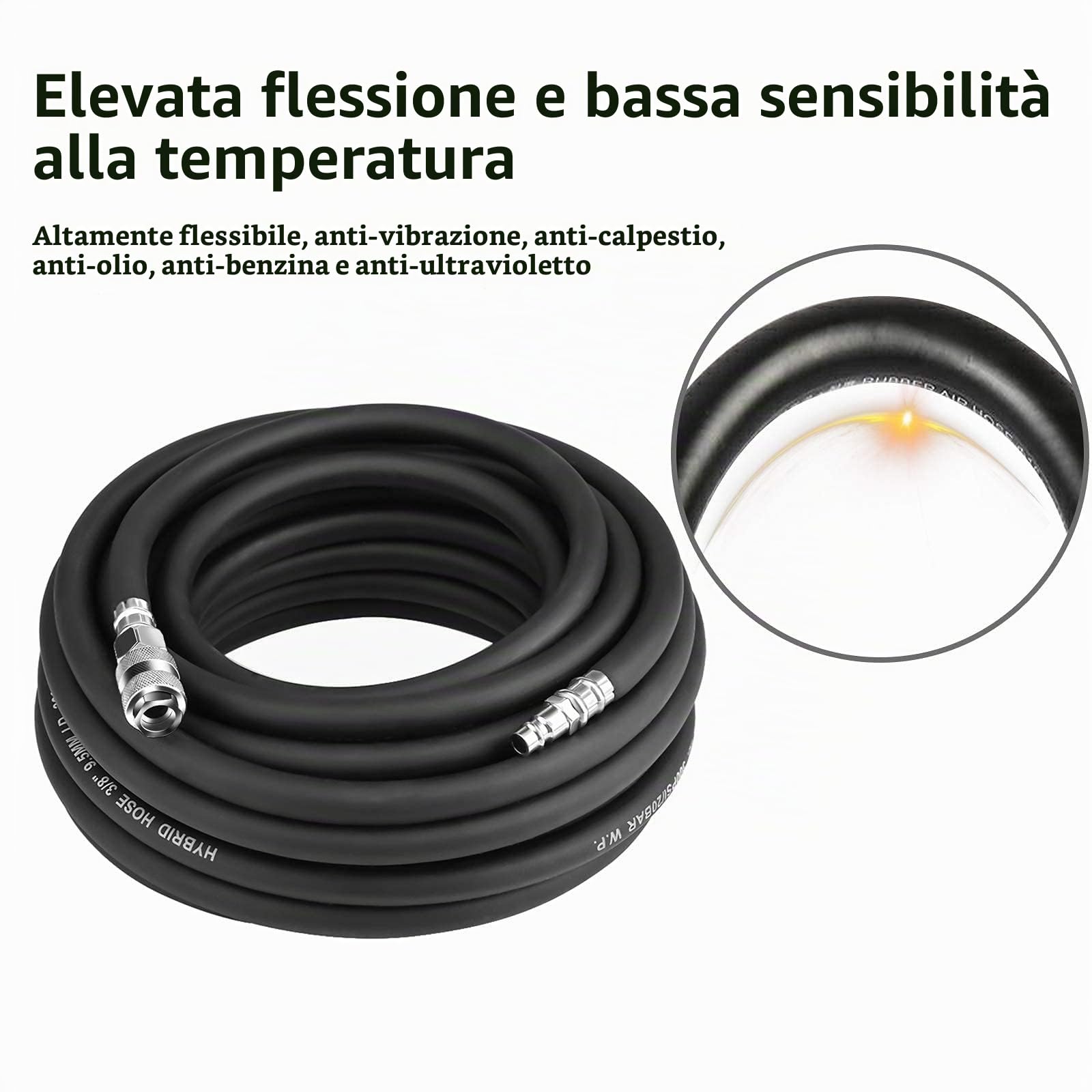 Tubo per Aria Compressa 15 m, Pneumatico Ø Interno 9,5 mm Ø Esterno 15 mm 900 PSI, in Gomma Con Attacco Rapido 1/4" - Prolunga Compressore Kit