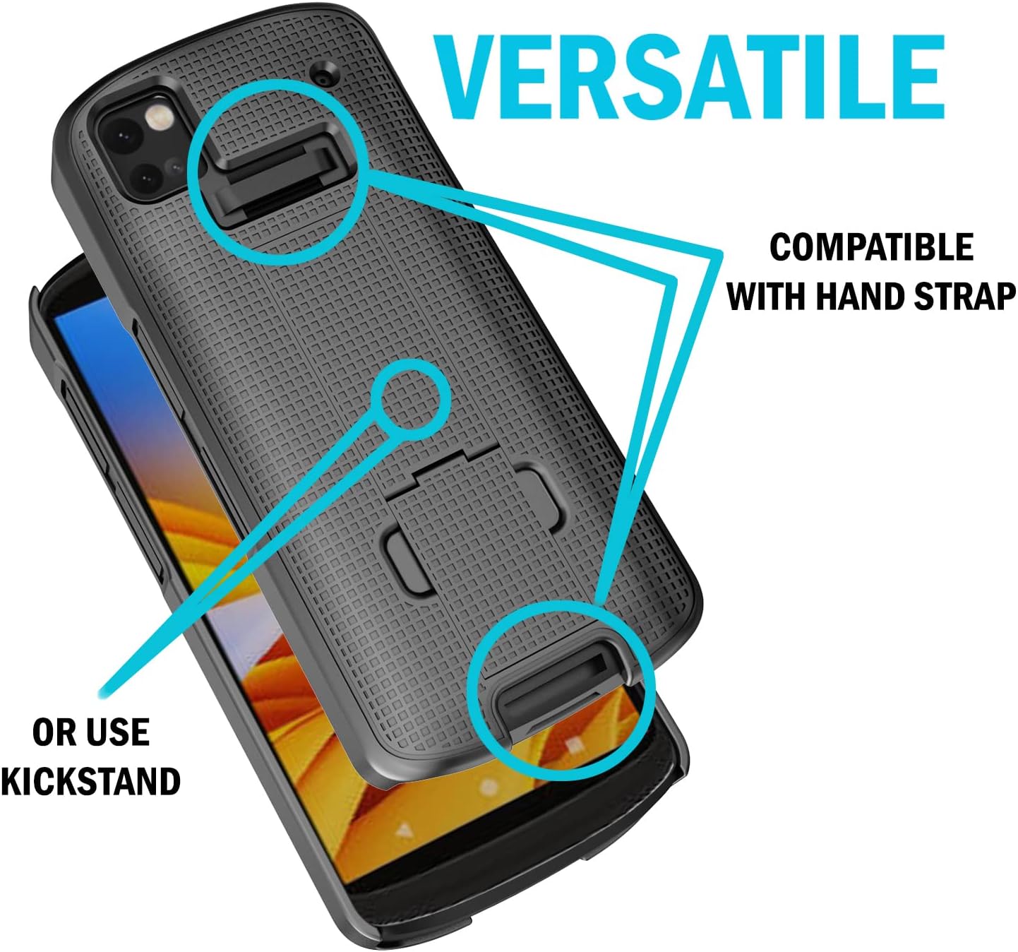 Case + Hand Strap + Belt Clip Combo for Zebra TC53 TC58 Mobile Computer Scanner, Nakedcellphone Slim Hard Shell Cover with Kickstand and [Rotating/Ratchet] Belt Hip Holster Holder Combo - Black