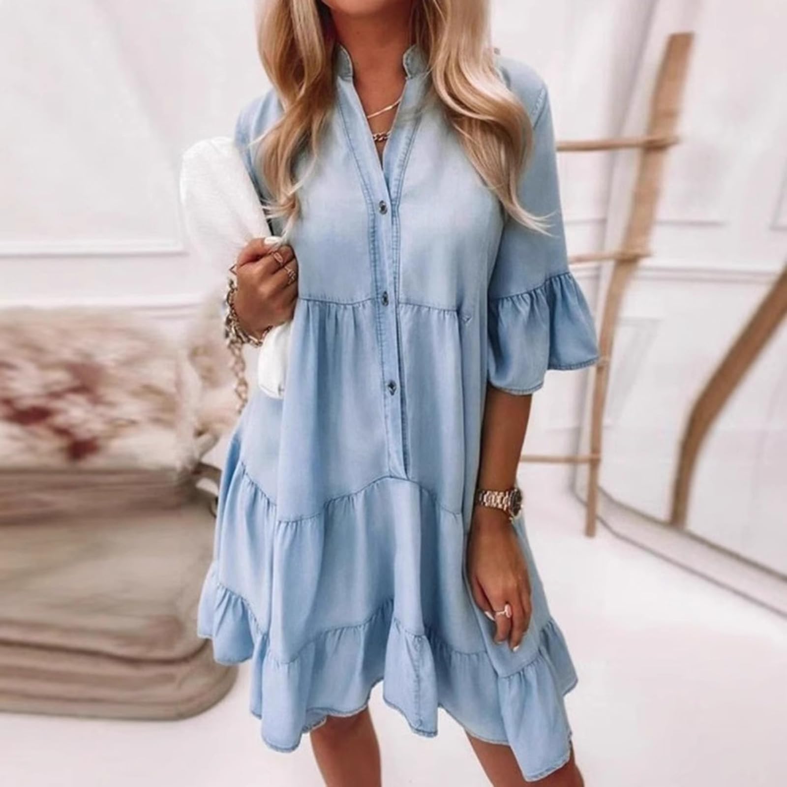 Générique Robe d'été à Volants et col en V pour Femme, en Jean léger, Manches mi-Longues, décontractée, boutonnée, en Coton.