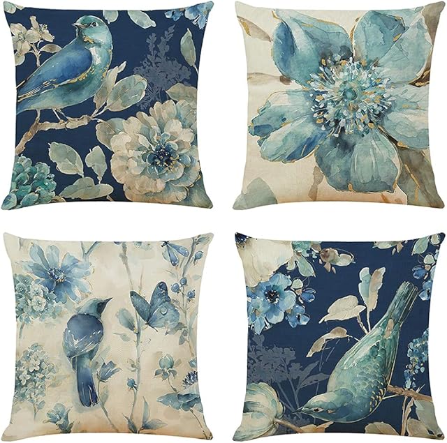 BCKAKQA Throw Pillow Covers Set of 4 Navy Blue Cushion Covers 45cm x 45cm with Floral and Birds Linen Square Decorative Throw Pillow Cases for Living Room Sofa Couch Bed Pillowcases 18 x 18 inch