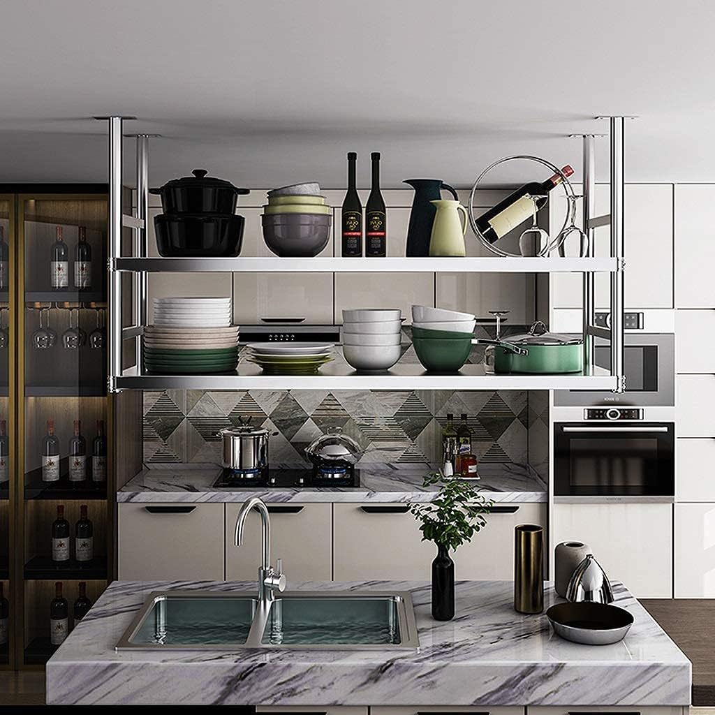 Upgraded Stainless Steel Kitchen Ceiling Hanger/Storage Rack Bar 2-Layer Hanging Shelf Partition Display Rack with Guardrail/6 Sizes (35 * 70 * 80cm)
