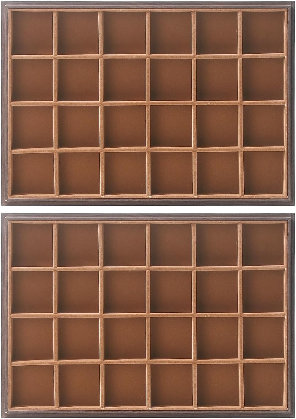 2Pcs/Set Wood Jewelry Organizer Tray, Stackable 24 Grid Jewelry Display Tray for Drawer, Rings Earring Storage Case, Necklace Accessories Display Holder for Store Selling or Home Show