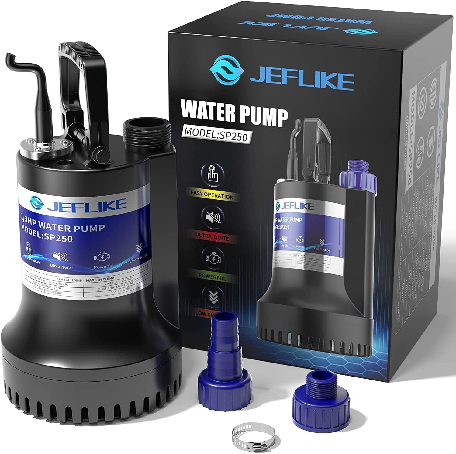 JEFLIKE 1/4HP Sump Pump Submersible Water Pump Pond Pump 1850GPH for Pool Draining Portable
