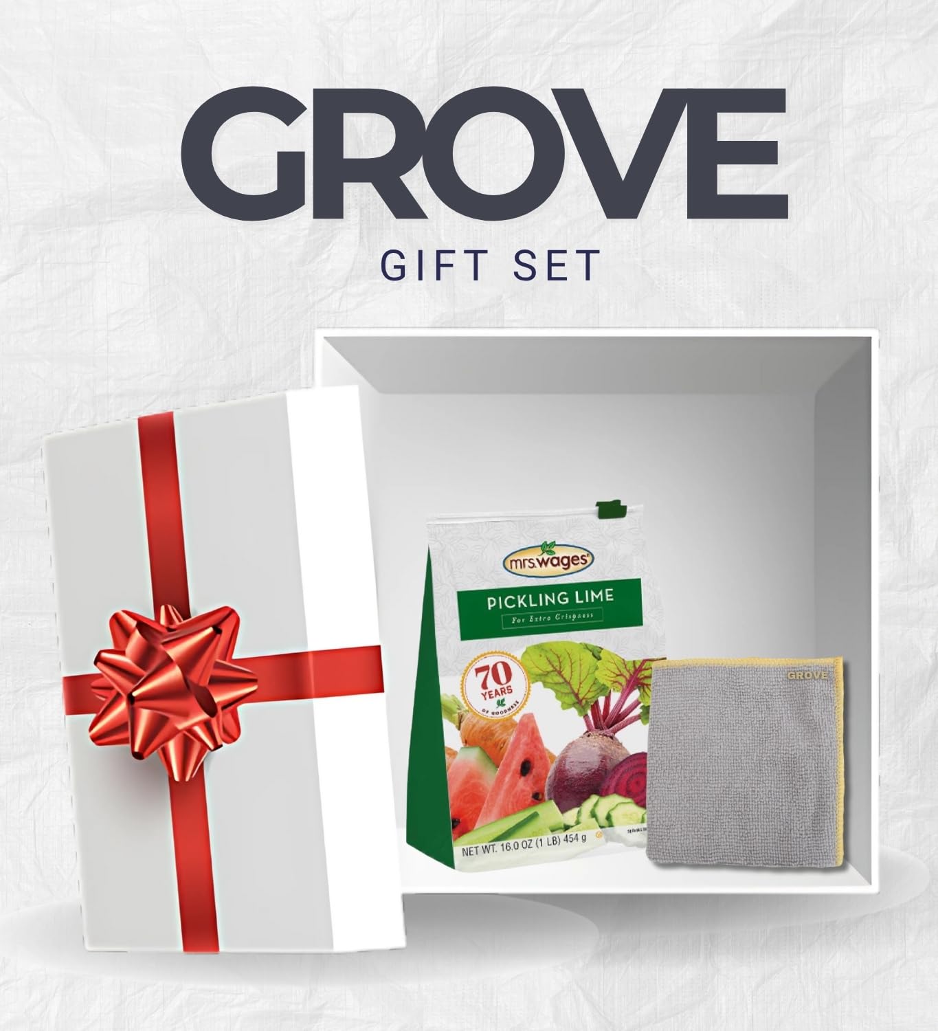 Mrs. Wages Pickling Lime 16 oz Bundle with Microfiber Cloth – Ideal for Crisp Pickles, Green Tomatoes, Watermelon Rinds, and More – Gift Set (2 Items)