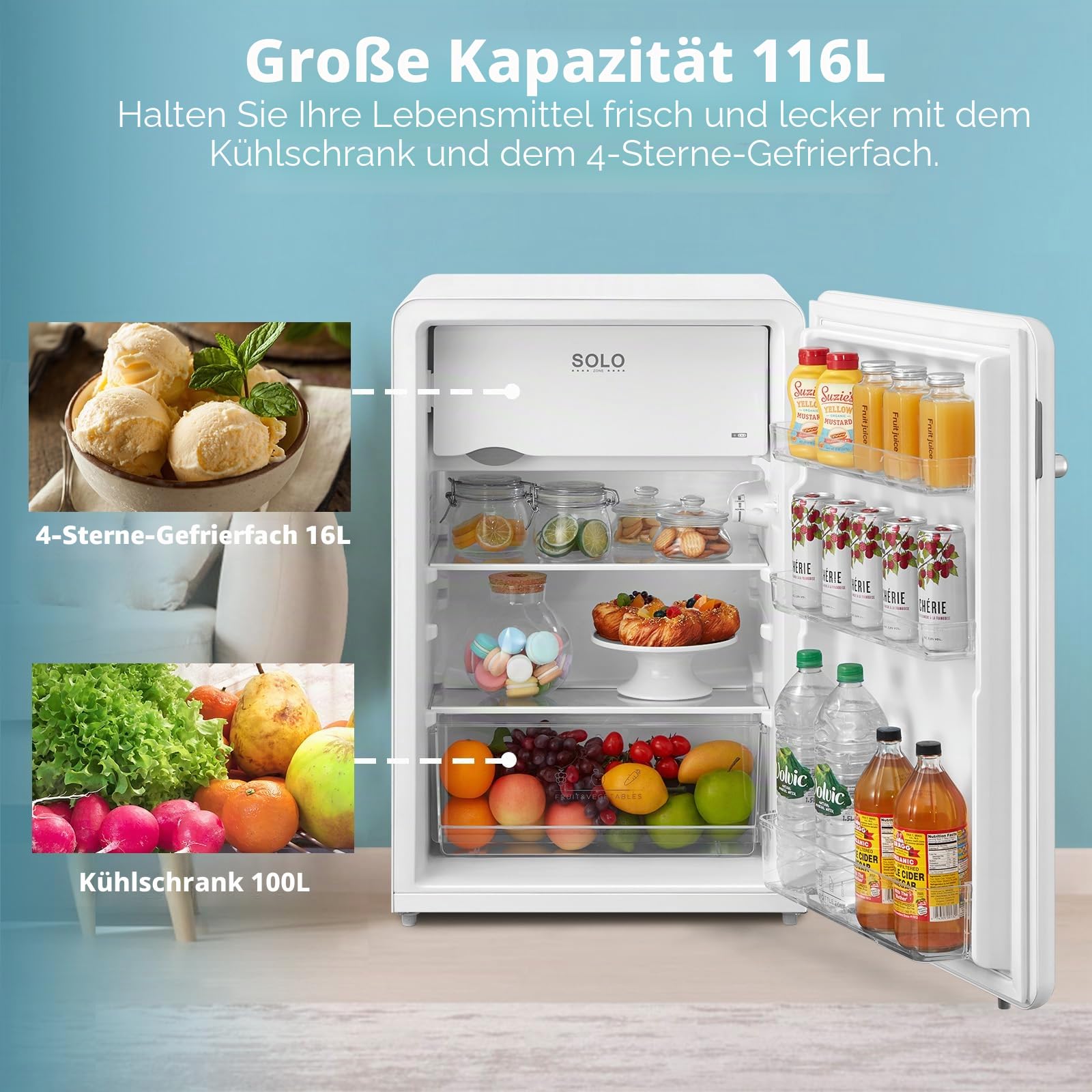 COMFEE' RCD113WH2RT(E) Kleiner Kühlschrank mit Gefrierfach, 116 Liter, Retro-Design, Eintür-Kühlschrank, einstellbare Temperatur, geeignet für Schlafzimmer, Büro und Hotel, LED-Licht, leise, weiß