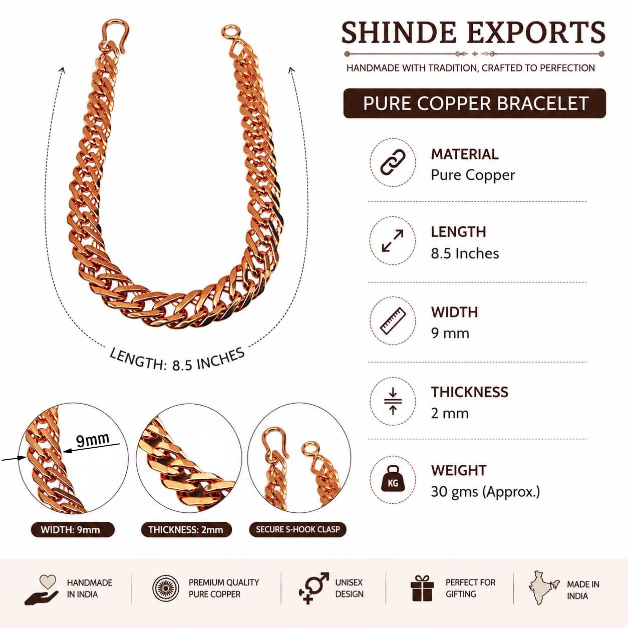 SHINDE EXPORTS Armband aus reinem Kupfer, groß, massiv, schwer, für Damen und Herren