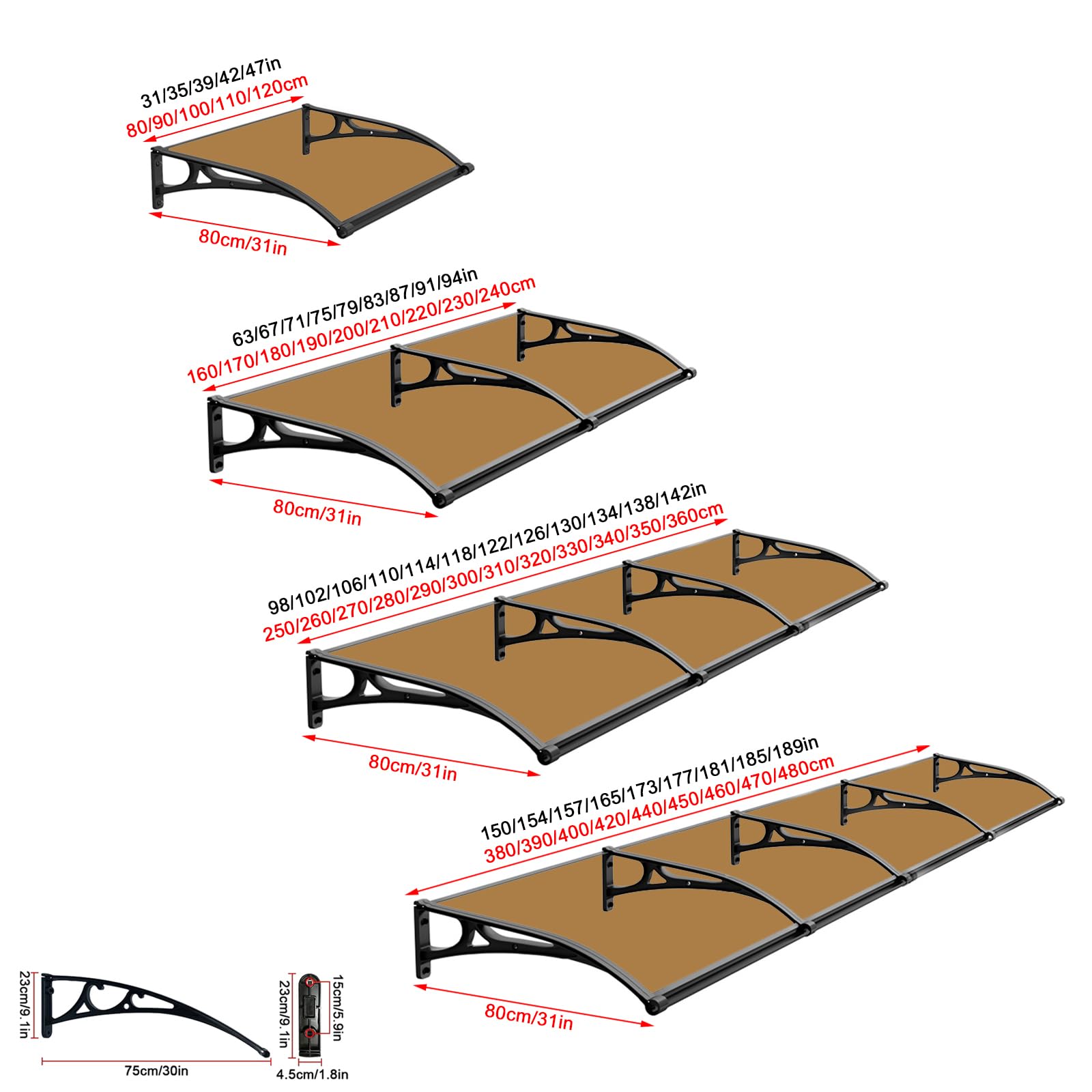 Marquesina para Puertas y Ventanas,Tejadillo de Protección Contra La Lluvia y La Nieve UV,Toldo Cubierta de Policarbonato Marrón con Fregadero Grande,Toldo de Entrada de Techo (80x160cm/31"x63")