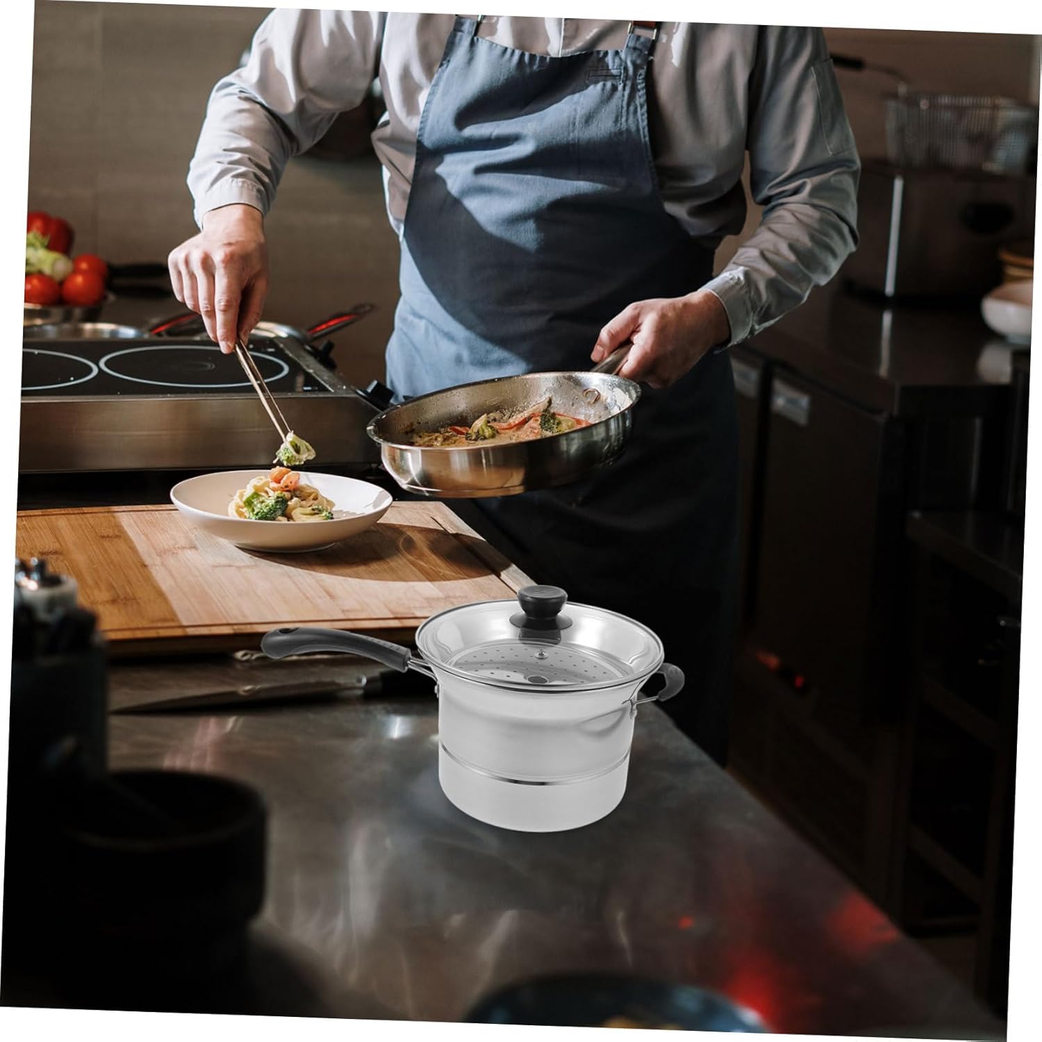 1 Set Stainless Steel Multi Purpose Fryer Pot with Basket and Lid Deep Frying Cooking Saucepan for Chips Vegetables Meat Scald Handle Non Slip Base