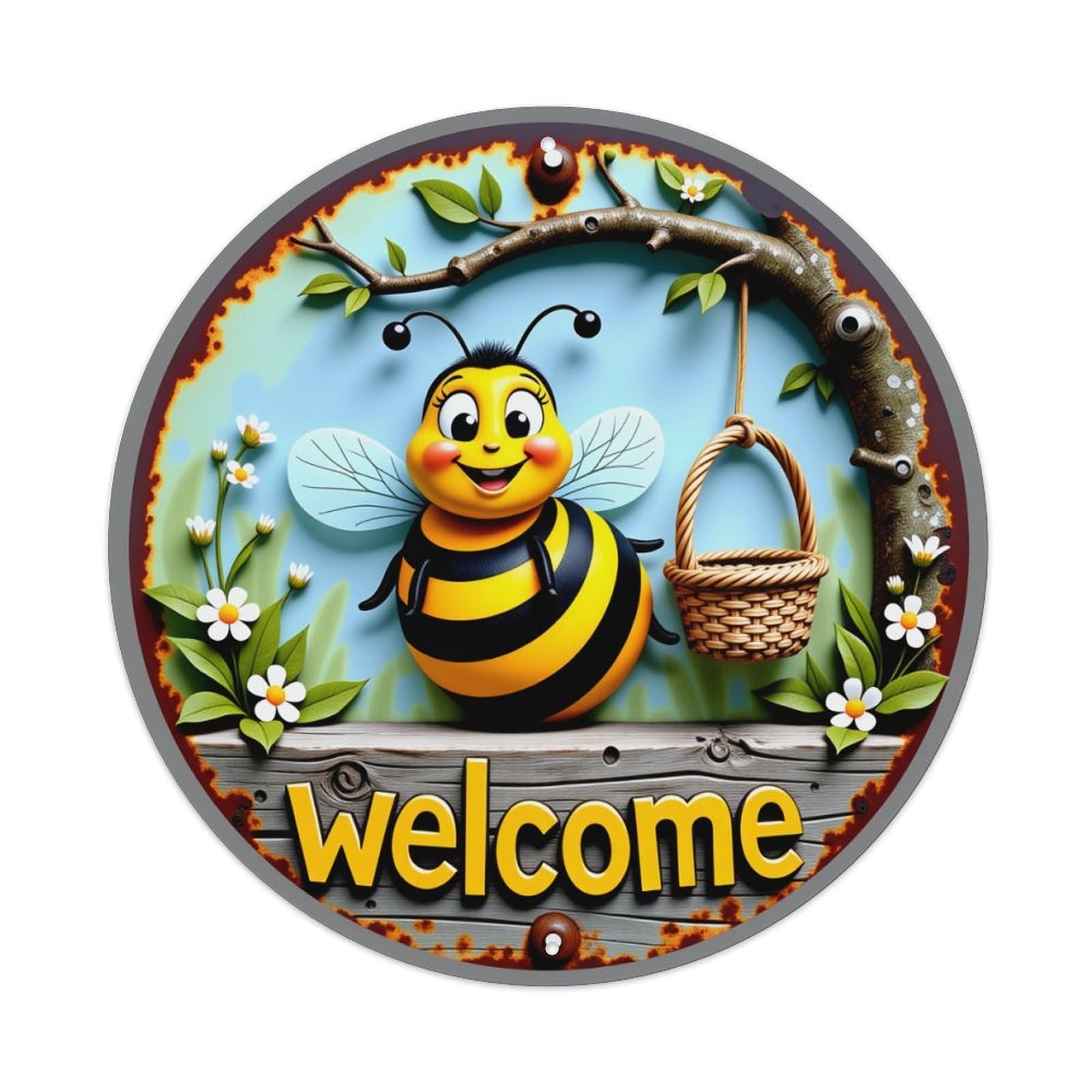Bee Welcome Basket Flowers Branch Metal Tin Sign Plaque
