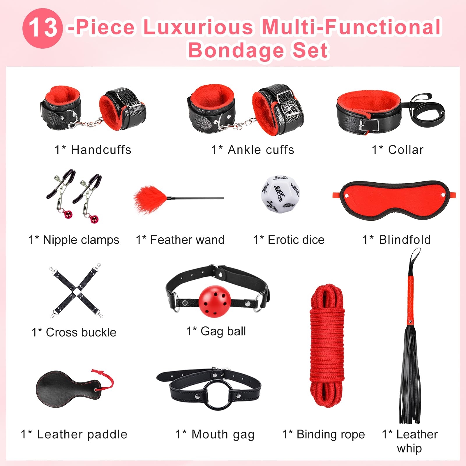 Set bondage nero e rosso kit di contenzione BDSM da 13 pezzi per coppie – Kit bondage per principianti accessorio per sesso estremo per donne e uomini set di contenzione per letto