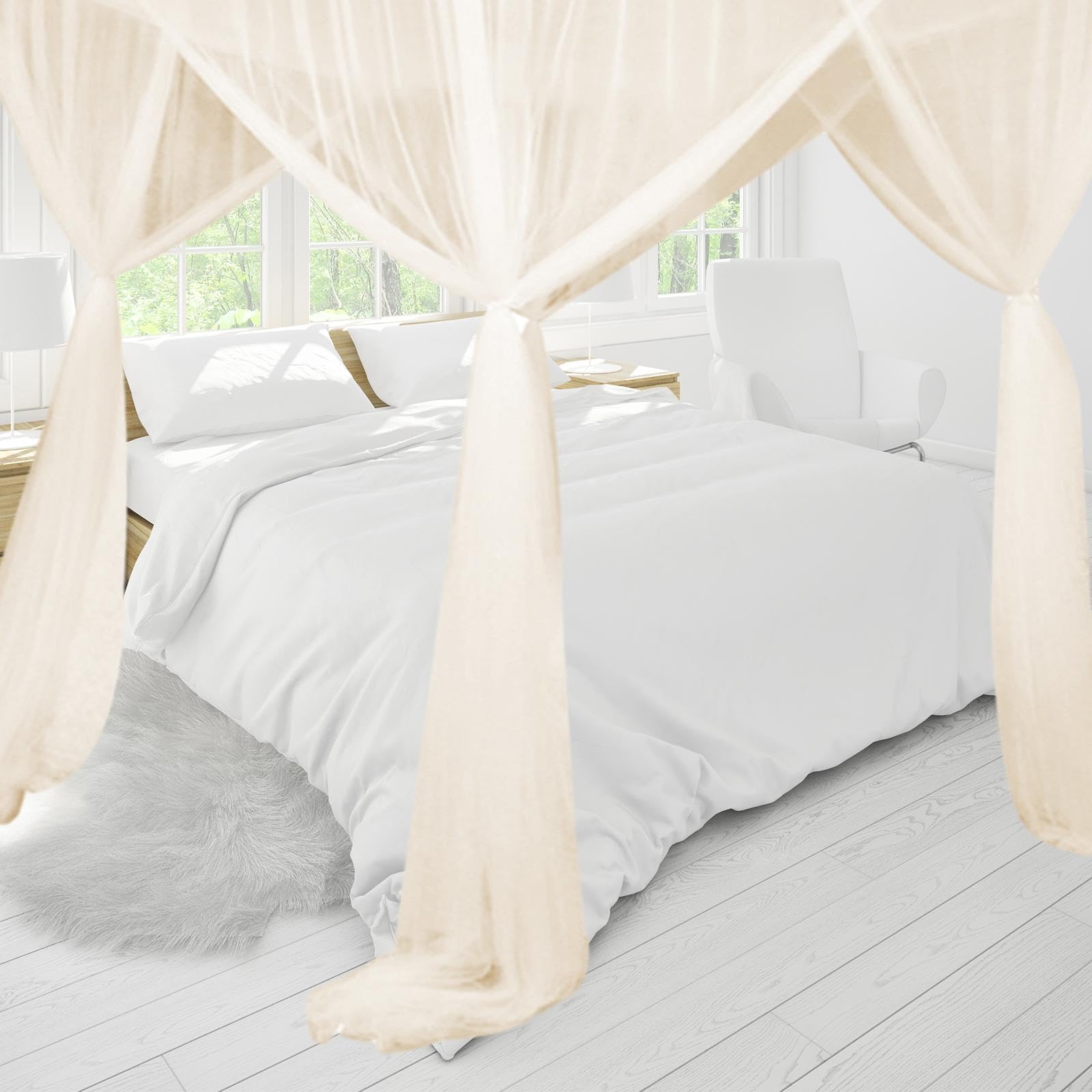 Baoblaze Tenda a baldacchino con 4 pali ad angolo, zanzariera, letto matrimoniale e singolo, zanzariera, letto matrimoniale per casa, cameretta dei bambini, viaggio all'aperto, beige