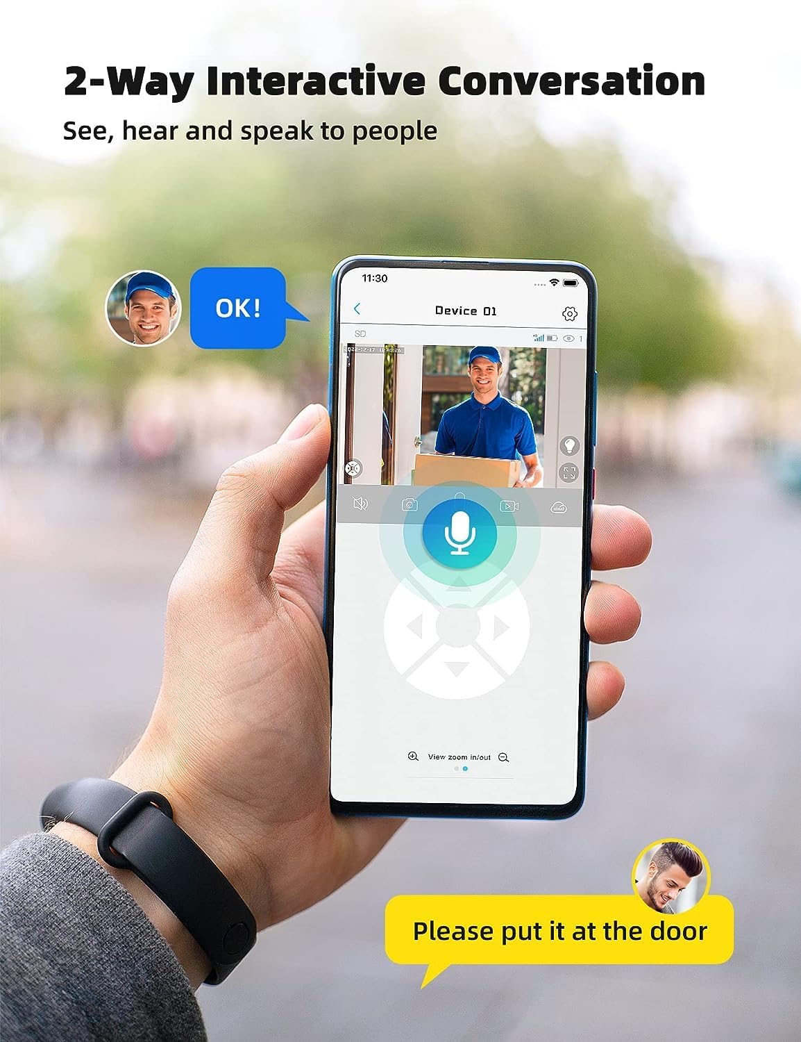 Smartphone showing two-way audio communication with a person at the door