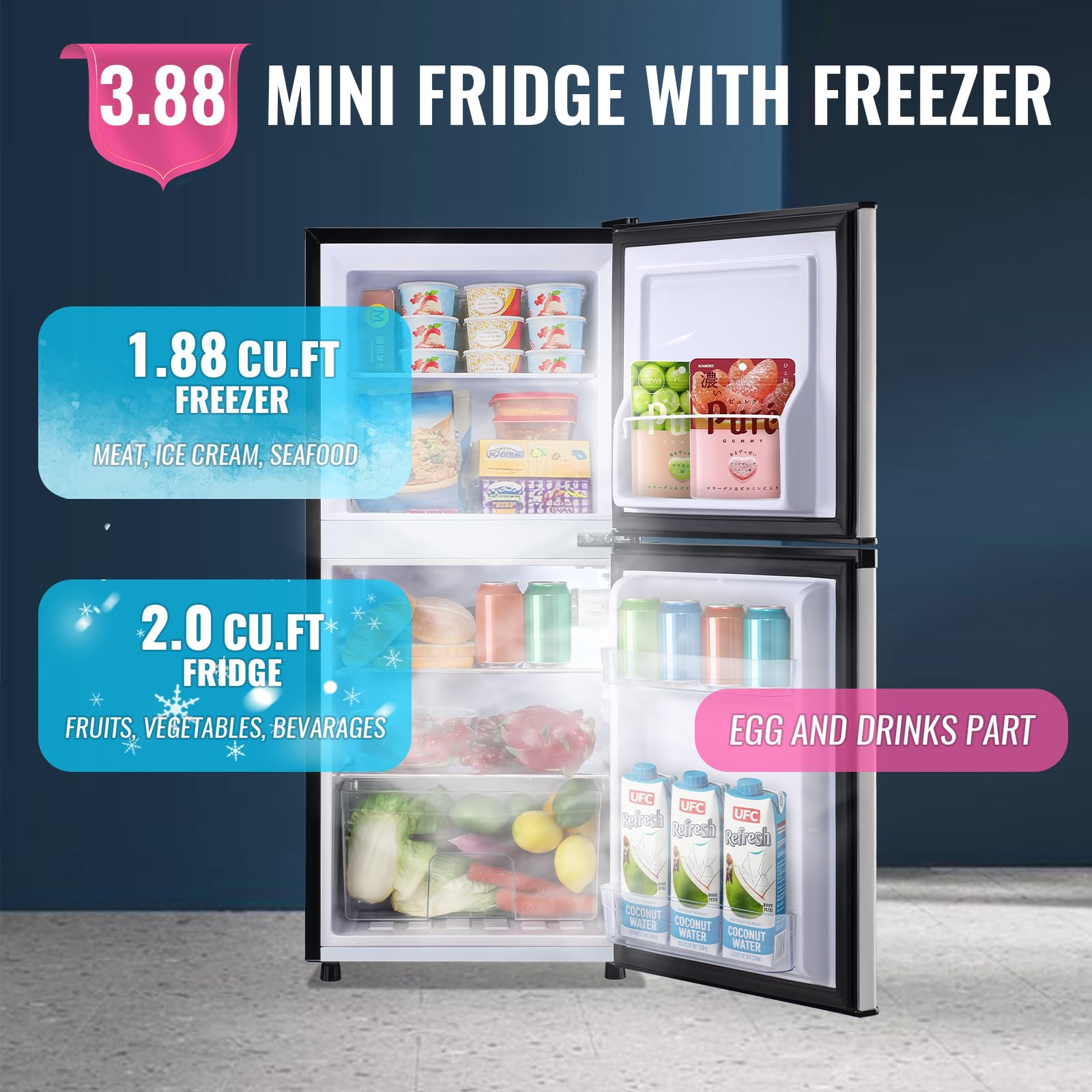 Demuller Mini Fridge With Freezer Two Doors Refrigerator With 7 Setting Adjustable Thermostat Crisper Drawer & Removable Shelves Low Noise Freezer-On-Top Refrigerator, 3.88cu.Ft, Silver on Fridge.com - View 2