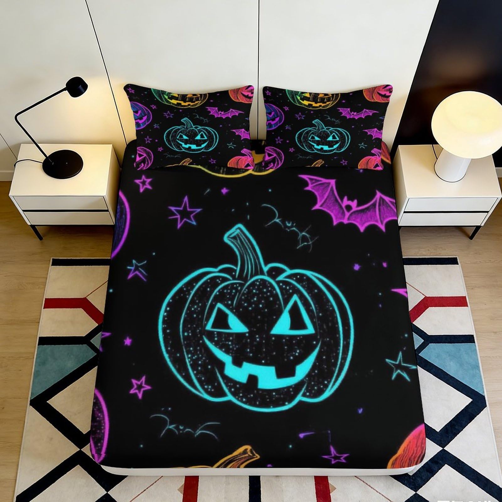 3D Printed Halloween Pumpkin Fitted Sheet Microfiber Soft Breathable Bat Bed Cover for Bedroom Dormitory Guest Room Mattress Protection Decor 180x200x25cm