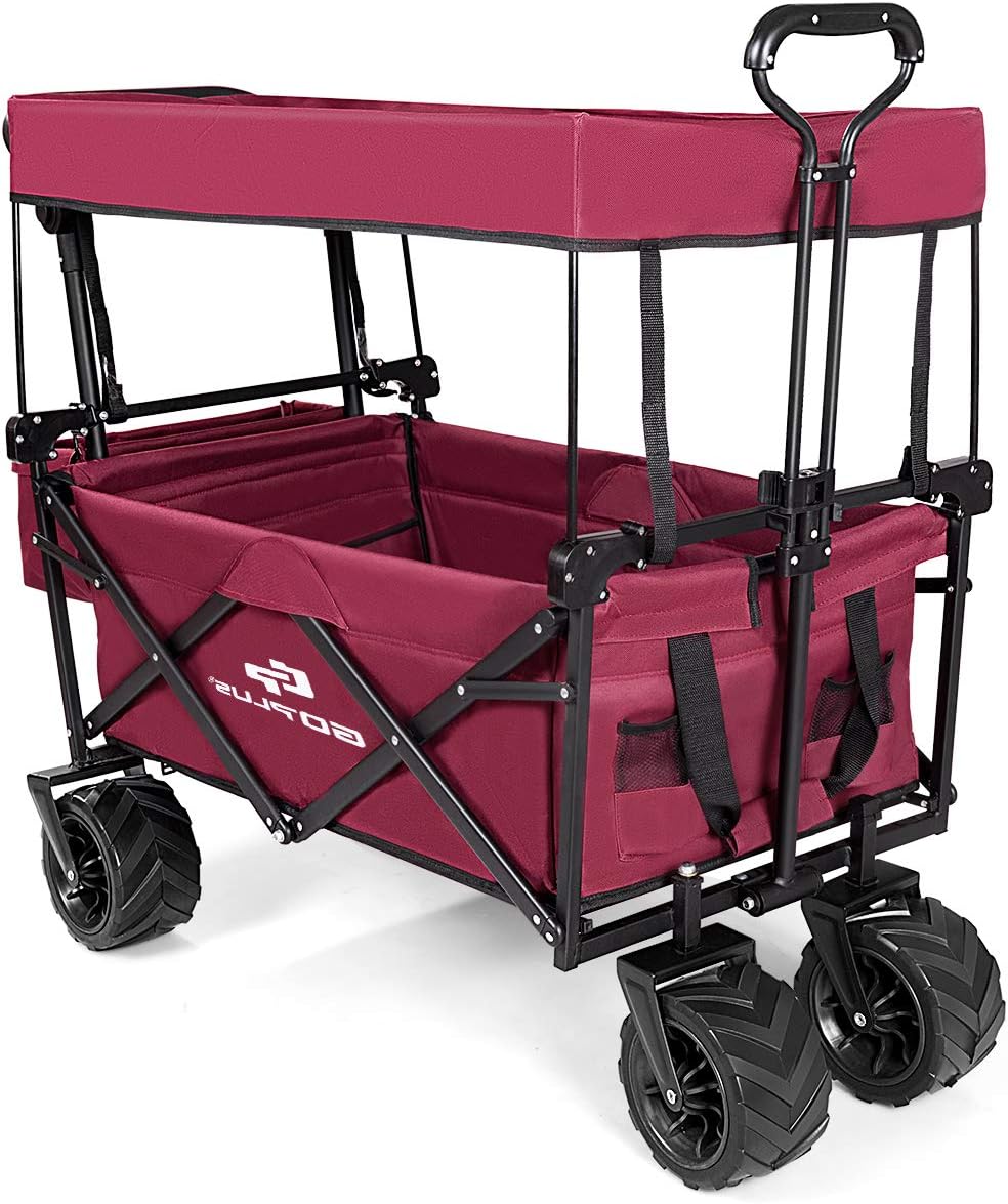 Maxmass Foldable Trolley Cart with Adjustable Handle and Removable Canopy, Garden Wagon Truck (Red)