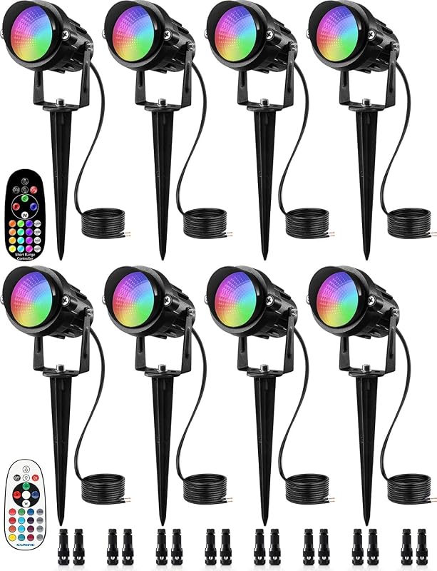 RGBW Color Changing Landscape Lights Low Voltage 8Pcs with Connector | Remote Control Waterproof RGB Low Voltage LED Landscape Lighting Spotlight Garden Yard Halloween Christmas Decoration Outdoor