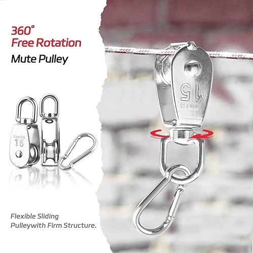 Miniatura 5 de CREATIEE-PRO 12 piezas de acero inoxidable M15 304 de elevación de un solo bloque de polea, cuerda de alambre resistente colgante rueda de remolque