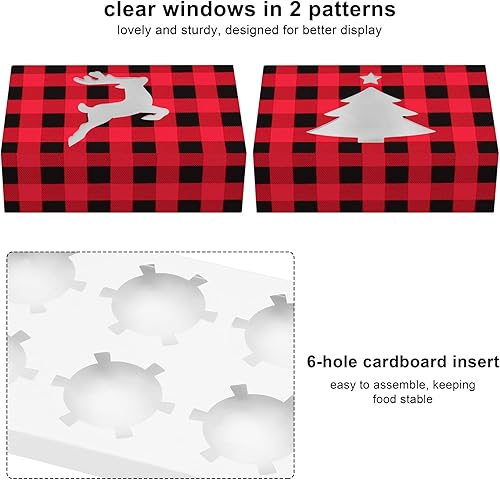 Miniatura 10 de Ruisita Paquete de 30 cajas de cupcakes de Navidad a cuadros, cajas de panadería con 4 agujeros, cajas de regalo de galletas con ventana roja y