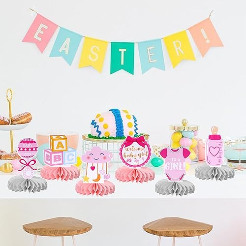 Miniatura 5 de 6 piezas de decoración de baby shower, centros de mesa de panal de abeja, Oh Baby Welcome Baby Girl - Centro de mesa de panal para revelación de