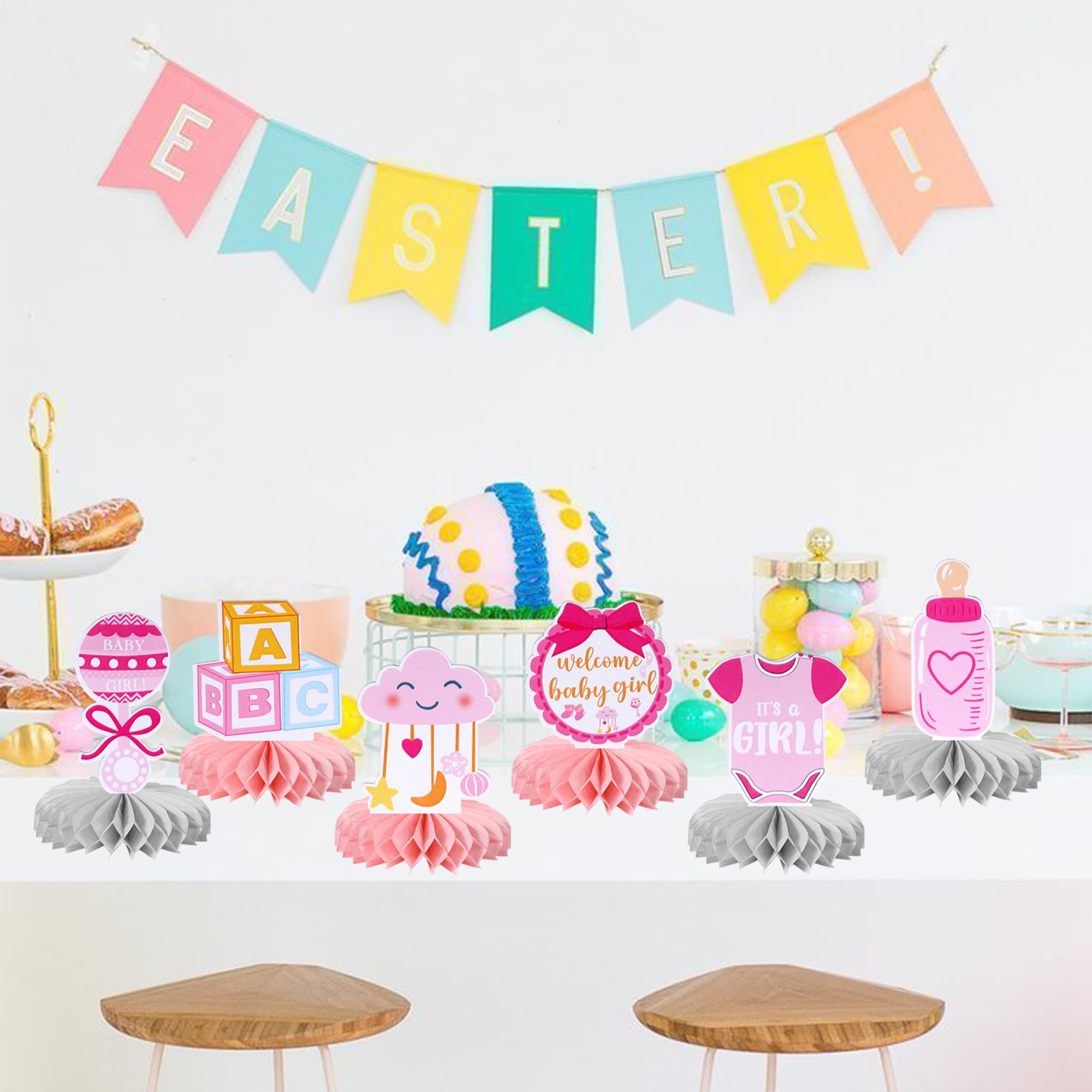 9-tlg. Babyparty-Deko „It‘s A Girl“ – Waben-Aufsätze In Rosa Mit Süßen Motiven Für Tischdekoration