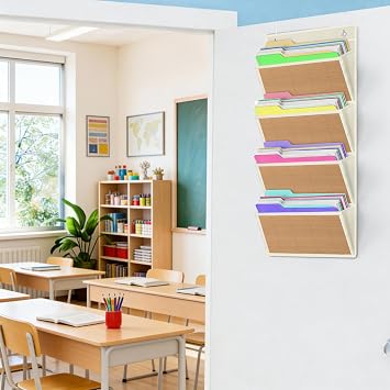 homyfort hanging wall file organizer, Over the door file folder organizer with 4 Large Bamboo Pockets, Suitable for Home, Office, Back to School Supplies Storage and Organization (Beige)